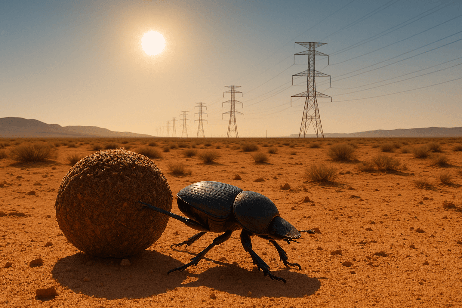dung beetle in the spanish desert, power lines in the background