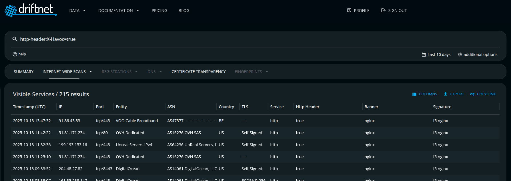 driftnet user interface showing query showcasing context restriction searching