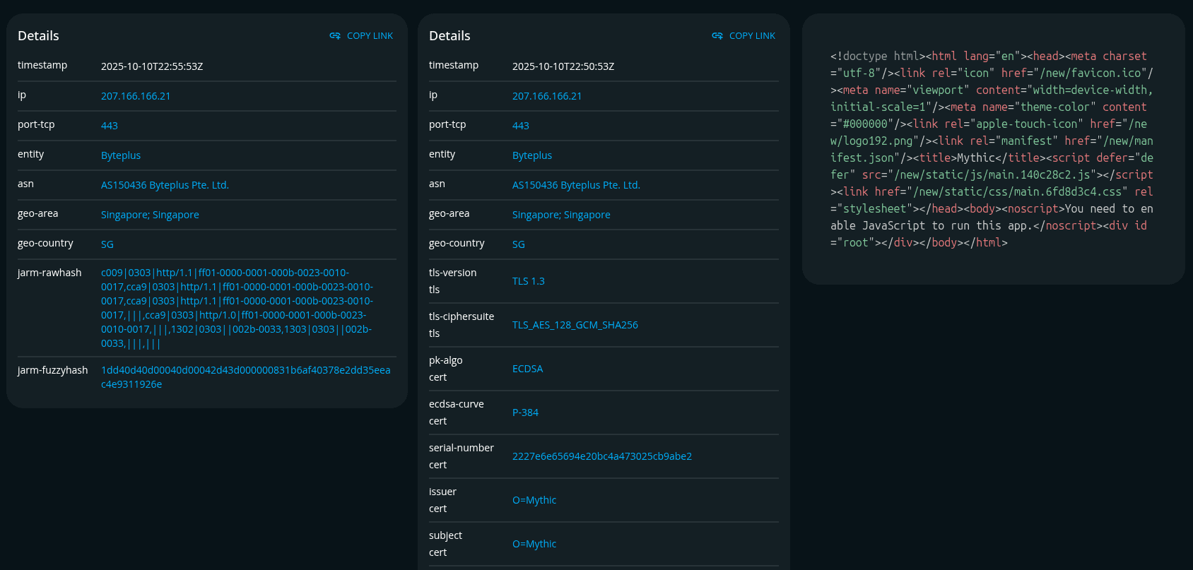 driftnet user interface showing reports from multisearch query